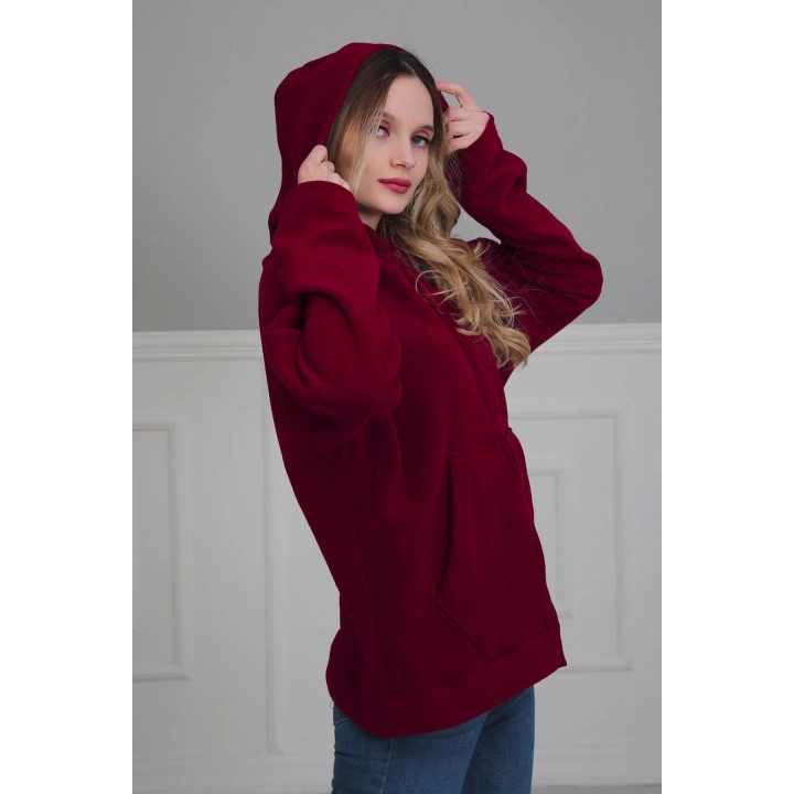 Kapüşonlu Fermuarlı Cepli Polar Sweatshirt,sw-3 Bordo