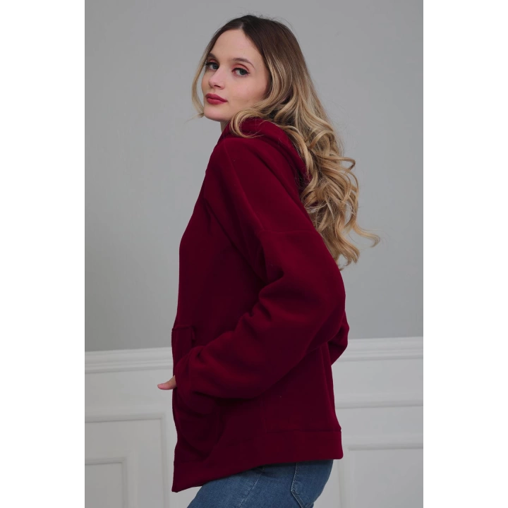 Kapüşonlu Fermuarlı Cepli Polar Sweatshirt,sw-3 Bordo