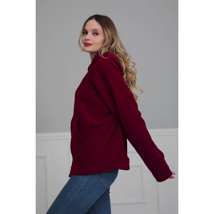 Kapüşonlu Fermuarlı Cepli Polar Sweatshirt,sw-3 Bordo