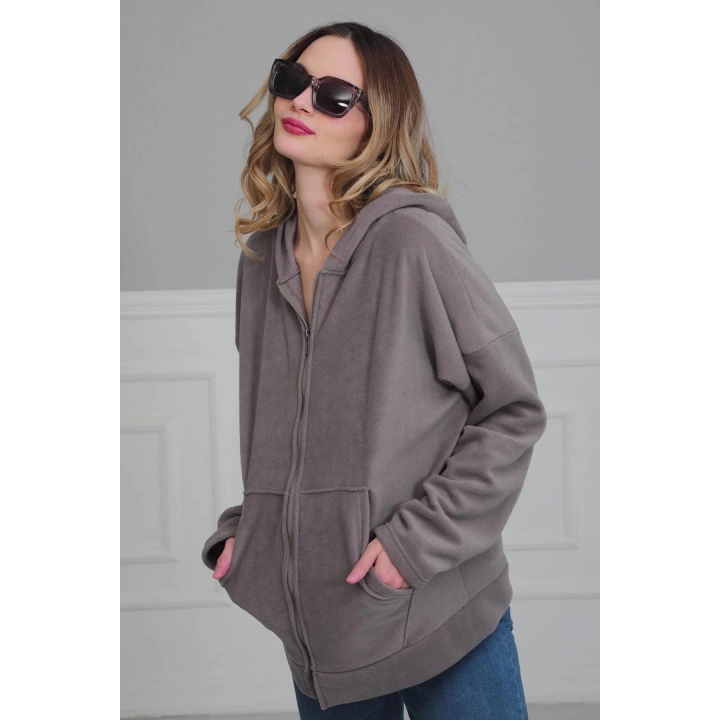 Kapüşonlu Fermuarlı Cepli Polar Sweatshirt,sw-3 Gri