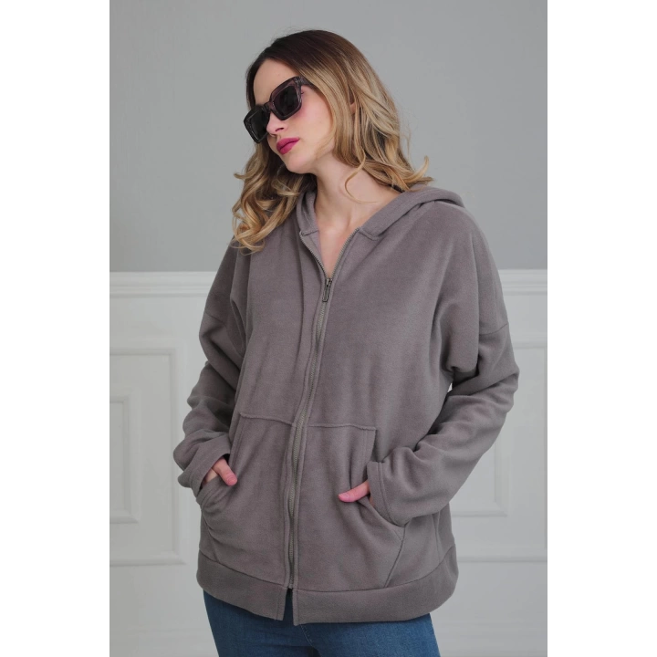 Kapüşonlu Fermuarlı Cepli Polar Sweatshirt,sw-3 Gri