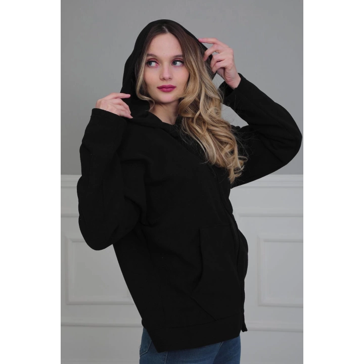 Kapüşonlu Fermuarlı Cepli Polar Sweatshirt,sw-3 Siyah