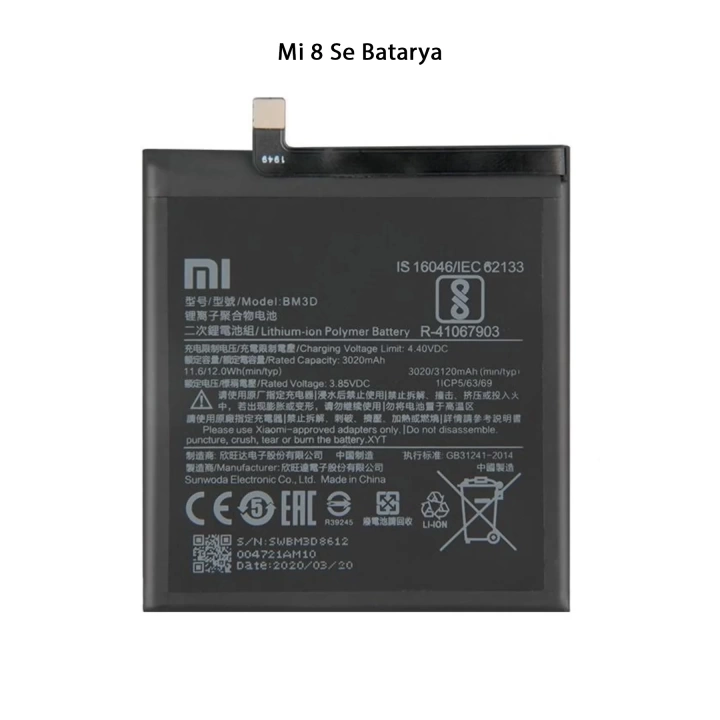 Mi 8 Se Telefonlarla Uyumlu Batarya 3120 mAh