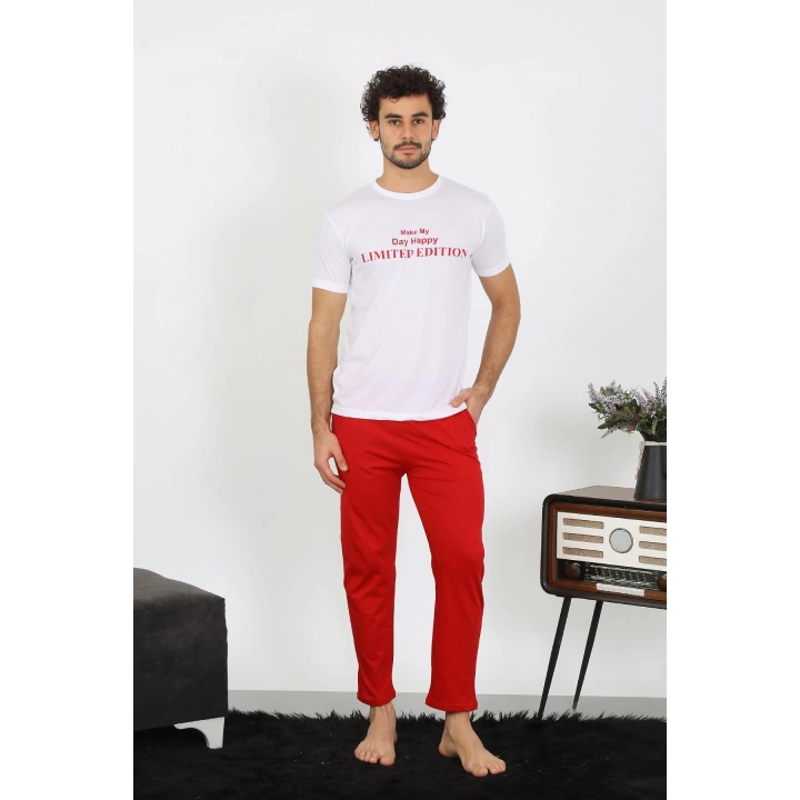 Moda Çizgi Erkek Kısa Kol Penye Beyaz Pijama Takımı 6846