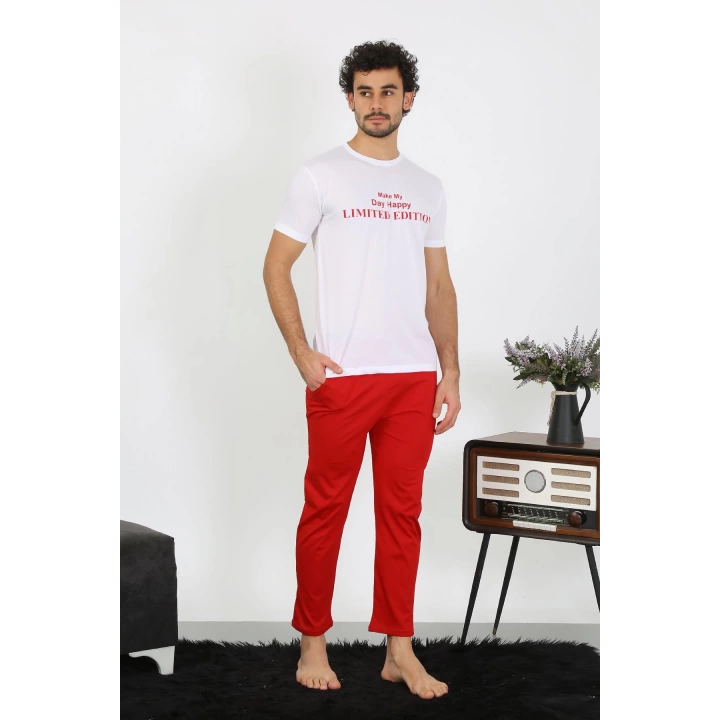 Moda Çizgi Erkek Kısa Kol Penye Beyaz Pijama Takımı 6846