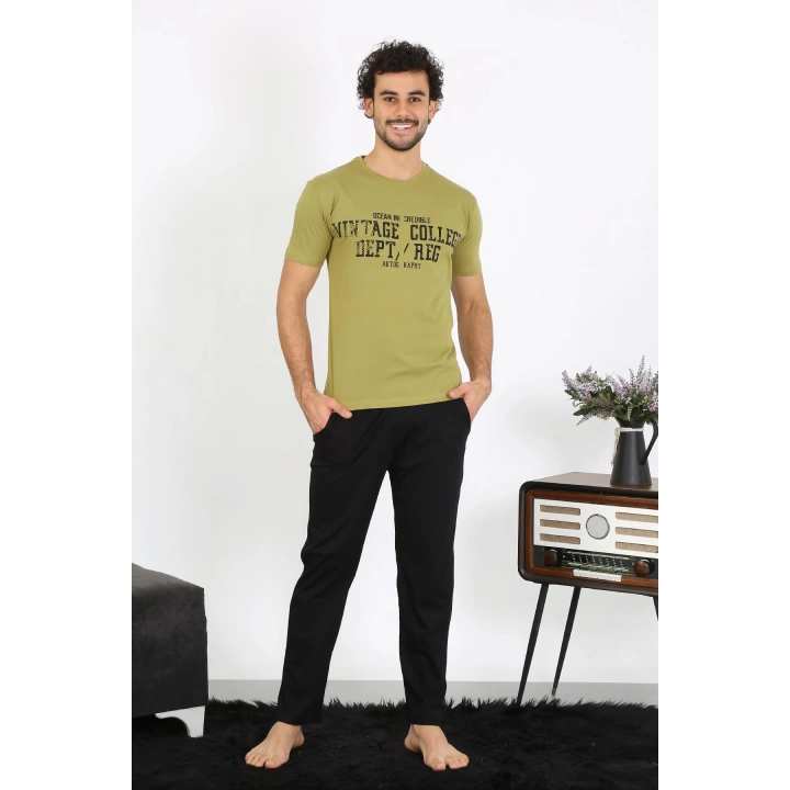 Moda Çizgi Erkek Kısa Kol Penye Hardal Pijama Takımı 6846