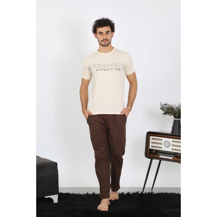 Moda Çizgi Erkek Kısa Kol Penye Krem Pijama Takımı 6846