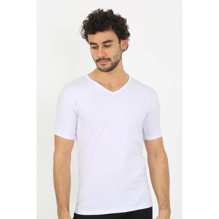 Moda Çizgi Erkek Likralı V Yaka Beyaz T-shirt 65700