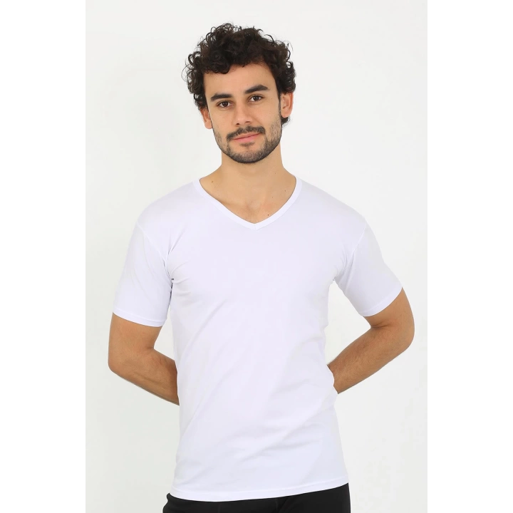 Moda Çizgi Erkek Likralı V Yaka Beyaz T-shirt 65700