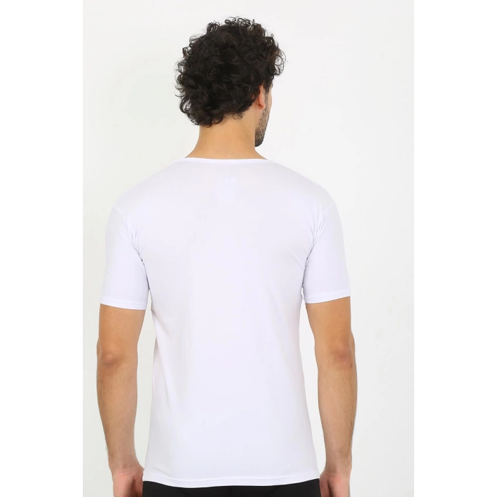 Moda Çizgi Erkek Likralı V Yaka Beyaz T-shirt 65700