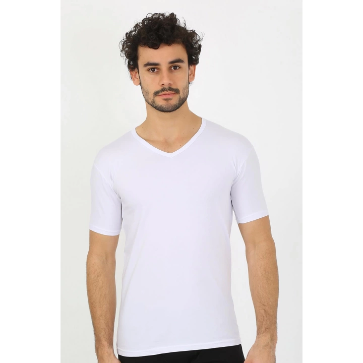 Moda Çizgi Erkek Likralı V Yaka Beyaz T-shirt 65700