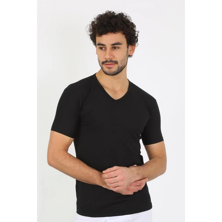 Moda Çizgi Erkek Likralı V Yaka Siyah T-shirt 65700