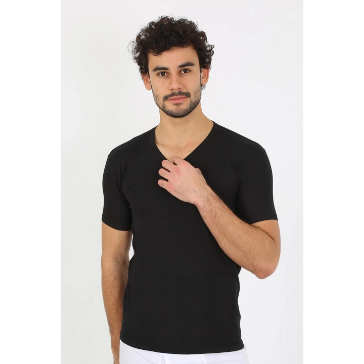 Moda Çizgi Erkek Likralı V Yaka Siyah T-shirt 65700