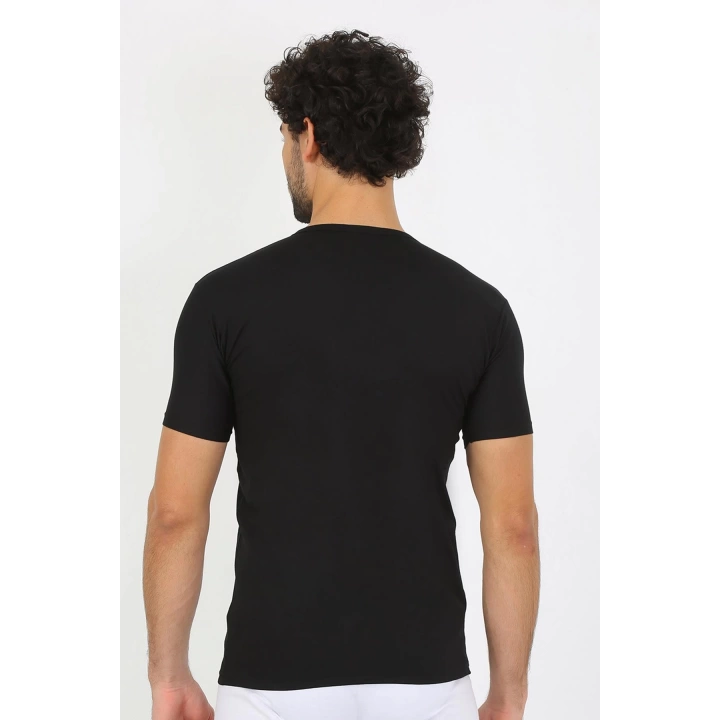 Moda Çizgi Erkek Likralı V Yaka Siyah T-shirt 65700