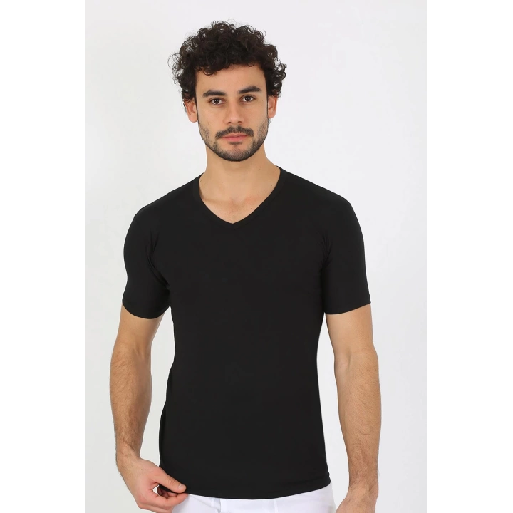 Moda Çizgi Erkek Likralı V Yaka Siyah T-shirt 65700