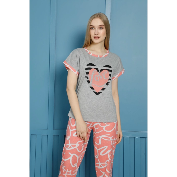 Moda Çizgi Kadın %100 Pamuk Penye Kısa Kol Pijama Takım 3454