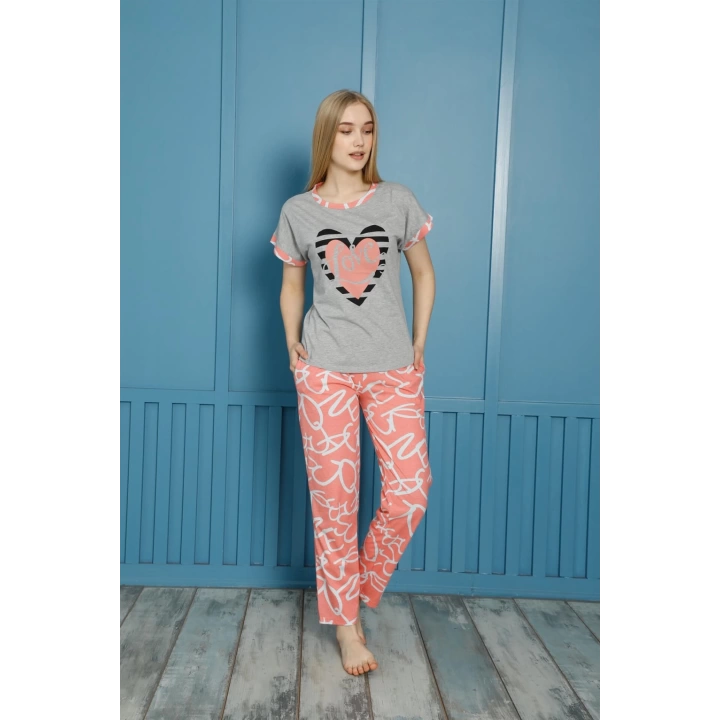 Moda Çizgi Kadın %100 Pamuk Penye Kısa Kol Pijama Takım 3454