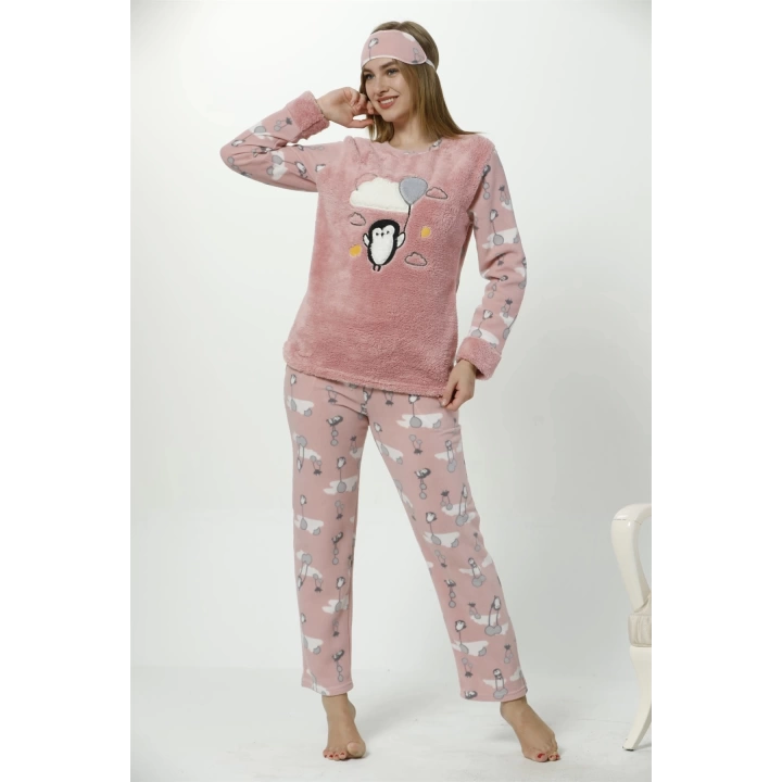 Hepsizen Kadın  Penguen Desenli Somon Vizon Polar Pijama Takımı 8053