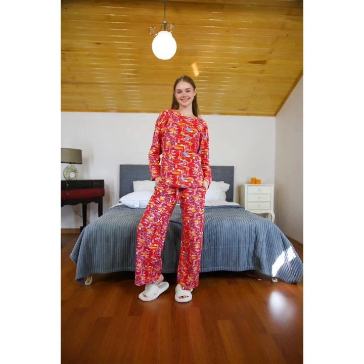 Moda Çizgi Kadın Penye Bol Paça Pijama Takım 4127