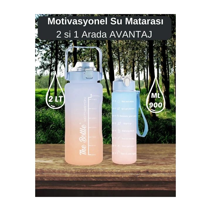 Motivasyon Su Matarası 2 Litre + 900 Ml Pipetli Sticker Hediyeli