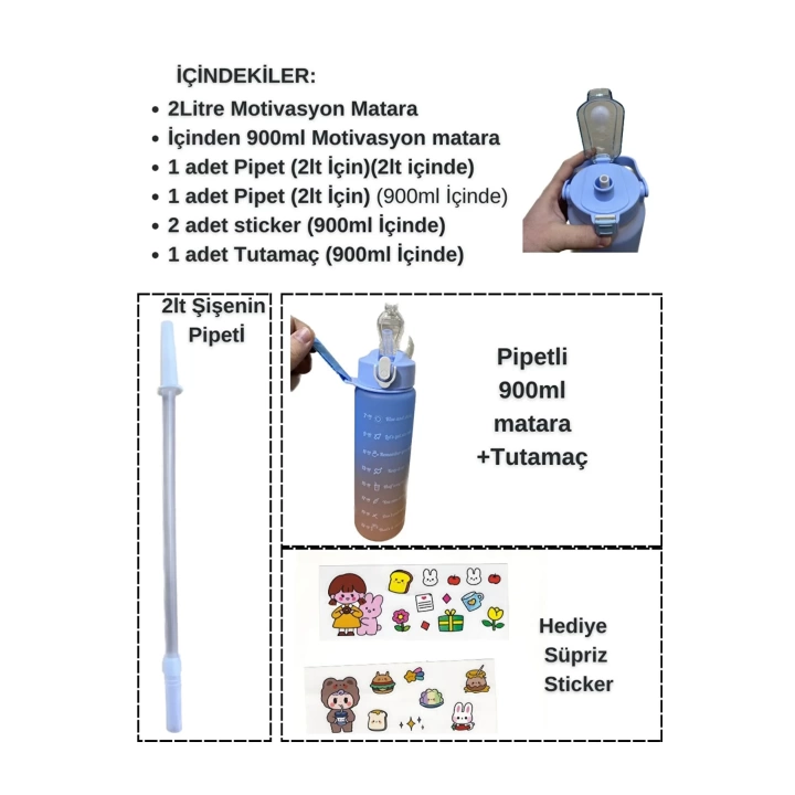 Motivasyon Su Matarası 2 Litre + 900 Ml Pipetli Sticker Hediyeli