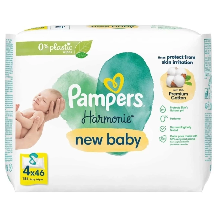 Prima Pampers Harmonie New Baby Yenidoğan Islak Havlu 4x46 Adet (184 Yaprak)