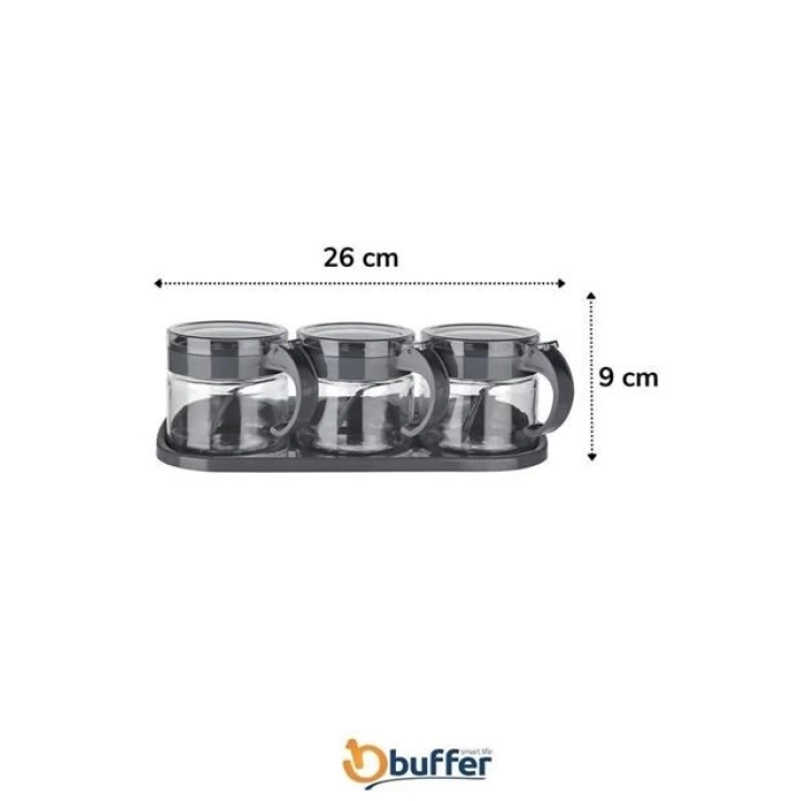 ShopZum  Gri  3lü Standlı Kapaklı Kaşıklı Cam Hava Sızdırmaz Baharatlık Takımı KC-386