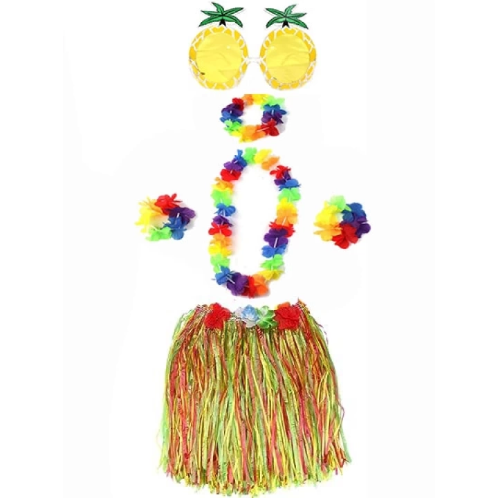 ShopZum Yetişkin ve Çocuk Uyumlu Luau Aloha Hawaii Rengarenk 40 cm Etek Ananas Şekilli Gözlük Hawaii Kolye Renkli Taç ve 2 Adet Bileklik Seti