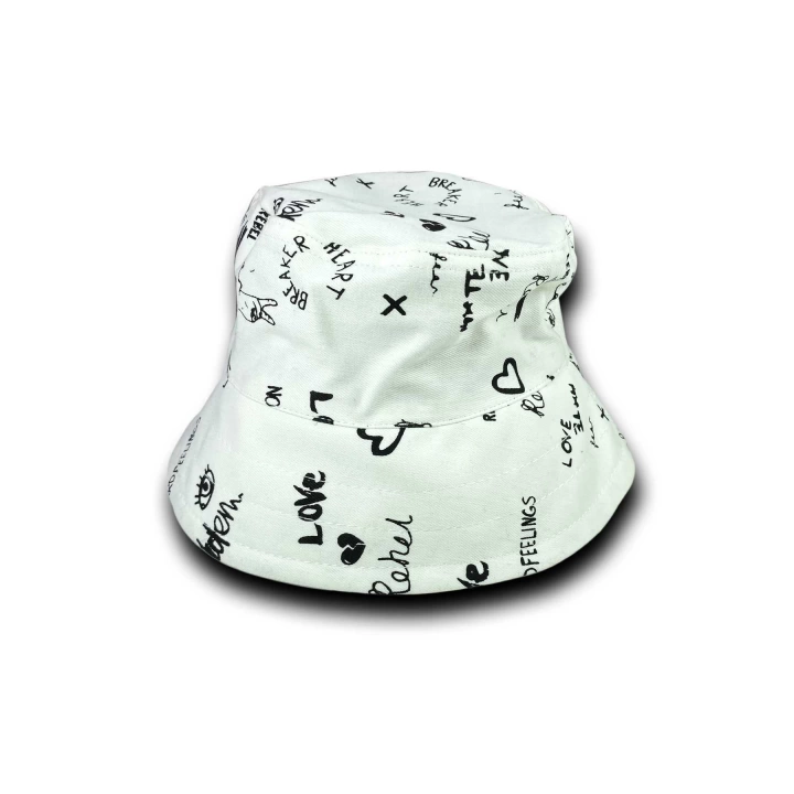 Unisex Kova Şapka Balıkçı Şapka Bucket Hat Desenli Beyaz