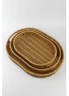 3 lü Rattan Tepsi Dekoratif Tepsi Hasır Örme Tepsi Oval Krem Royaleks-Alg11331