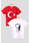 Atatürk ve İmzası Ay Yıldız Bayrak Baskılı Kombin Penye Çocuk Genç  Beyaz Kırmızı T-shirt