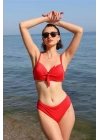 Hepsizen Kadın İçi Boş Fiyonklu Kaplı Alt Üst Bikini Takım Kırmızı 35011