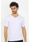 Moda Çizgi Erkek Likralı V Yaka Beyaz T-shirt 65700