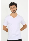 Moda Çizgi Erkek Likralı V Yaka Beyaz T-shirt 65700