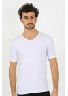 Moda Çizgi Erkek Likralı V Yaka Beyaz T-shirt 65700