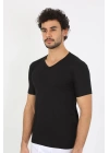 Moda Çizgi Erkek Likralı V Yaka Siyah T-shirt 65700