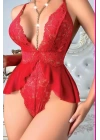 Night Light Kadın Kırmızı Zincir Detaylı Bodysuit 3597