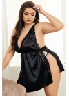 Night Light Kadın Siyah Yırtmaç Detaylı Büyük Beden Saten Fantezi Babydoll 3406