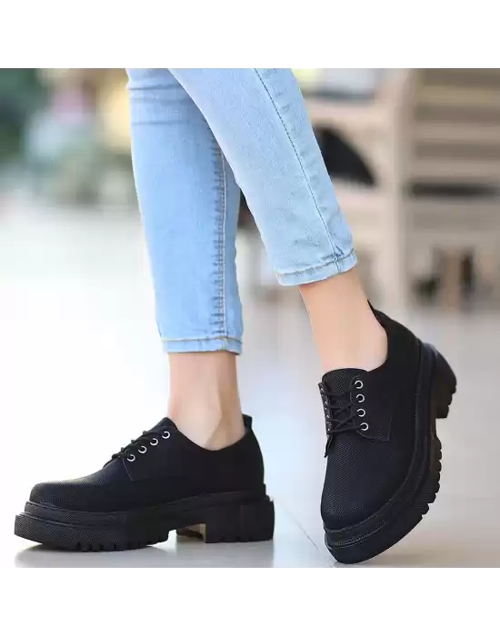Teri Siyah Cilt Desenli Bağcıklı Ayakkabı