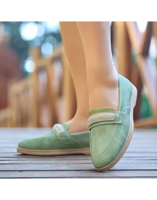 Feri Mint Yeşili Cilt Desenli Babet Ayakkabı