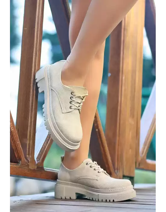 Teri Bej Cilt Desenli Bağcıklı Ayakkabı