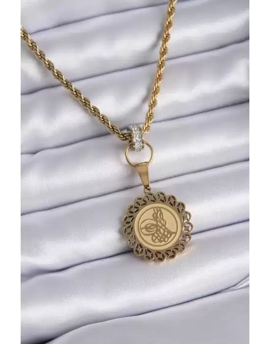 316l Çelik Gold Renk Burgu Zincir Osmanlı Tuğra İşleme Zirkon Taş Detay Kadın Kolye
