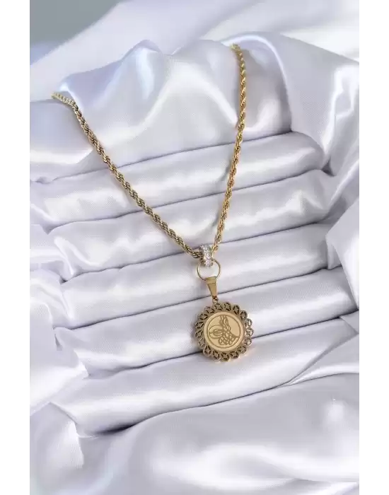 316l Çelik Gold Renk Burgu Zincir Osmanlı Tuğra İşleme Zirkon Taş Detay Kadın Kolye