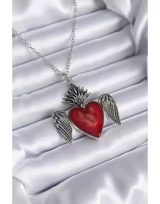 Gümüş Renk Kanatlı Kırmızı Kalp Model Kadın Kolye