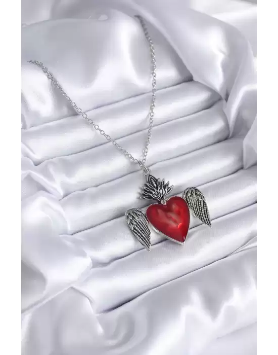 Gümüş Renk Kanatlı Kırmızı Kalp Model Kadın Kolye