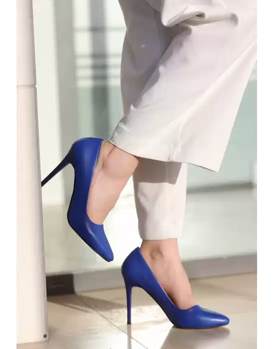 Hillar Saks Mavisi Cilt Stiletto Ayakkabı