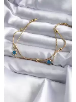 316l Çelik Gold Renk 2li Zincir Model Nazar Boncuk Detay Kadın Bileklik