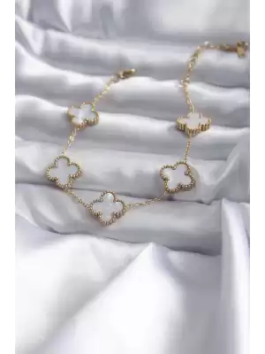 316l Çelik Gold Renk Beyaz Yonca Model Kadın Bileklik