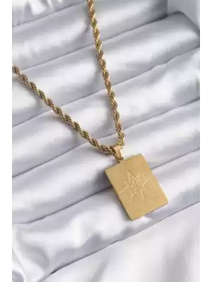 316l Çelik Gold Renk Burgu Zincir Model Kutup Yıldız İşleme Detay Kadın Kolye