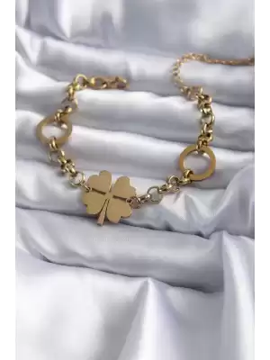 316l Çelik Gold Renk Zincir Model Yonca Figür İşleme Detay Kadın Bileklik